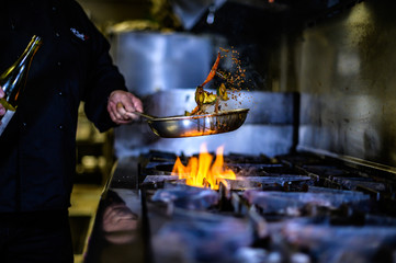 Flipping food in pan with flame