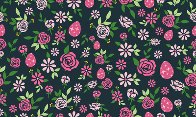Unique Easter egg pattern background, with leaf and flower simple drawing.