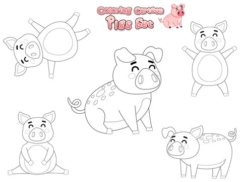 Coloring the Cute Pigs Cartoon Set. Educational Game for Kids. Vector illustration With Cartoon Happy Animal
