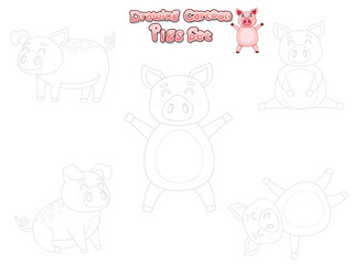Drawing and Paint Cute Pigs Cartoon Set. Educational Game for Kids. Vector illustration With Cartoon Happy Animal
