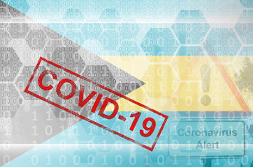 Bahamas flag and futuristic digital abstract composition with Covid-19 stamp. Coronavirus outbreak concept