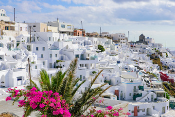 Traditional white buildings facing Aegean Sea in Imerovigli, Santorini, Greece