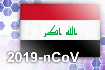 Iraq flag and futuristic digital abstract composition with 2019-nCoV inscription. Covid-19 outbreak concept