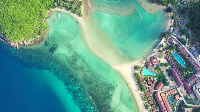 Strip of the sand, path between two islands Koh Ma and Koh Phangan with luxury hotels