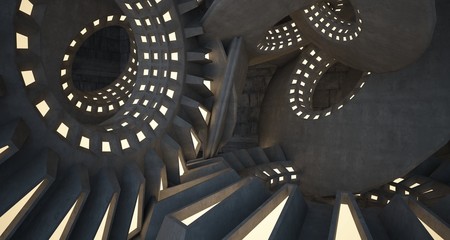 Abstract architectural concrete interior with discs. Neon lighting. 3D illustration and rendering.