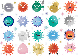 ウィルス：ばい菌　菌　細菌　感染　感染症　セット　水彩　風邪　病気　隔離　菌　除菌　ウイルス感染 - obrazy, fototapety, plakaty