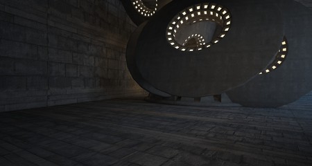 Abstract architectural concrete interior with discs. Neon lighting. 3D illustration and rendering.