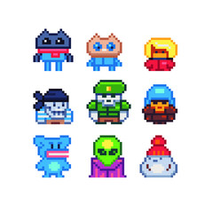 Abstract video game characters, cute creatures set, pixel art style icons, cool guy, little alien, snowman, cat, skull, element design for logo, app, web, sticker. Isolated vector.