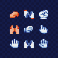 Hand pose pixel art icons set, handshake, forefinger. Hand pointer and fist. Video game sprite 8-bit. Isolated vector illustration. Design for stickers, logo, embroidery, mobile app.