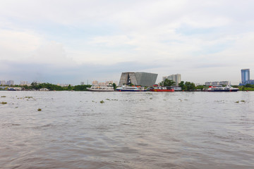 View of Saigon Planning Exhibition Center on the bank of Saigon River in Ho Chi Minh City, Vietnam