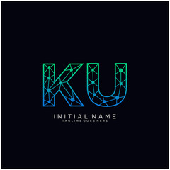 Letter KU abstract line art logo template.