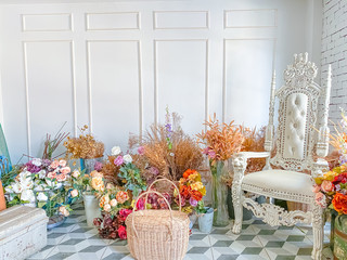 Interior home decor,bouquet and chair with white background.