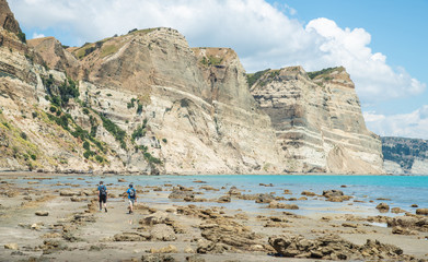 Fototapeta na wymiar Tourist walking on the beach with beautiful geological cliff formations on the coast to Cape Kidnappers in Hawke's Bay region of New Zealand.