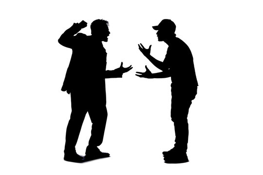 Silhouette of anonymous people on a white background fighting and being rude.  They are expressing anger with violence and confronting in an aggressive manner