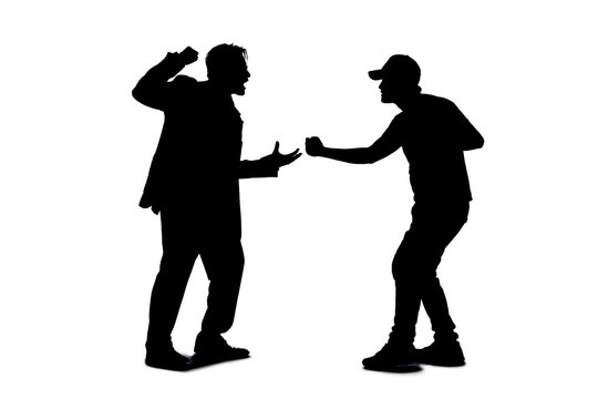 Silhouette of anonymous people on a white background fighting and being rude.  They are expressing anger with violence and confronting in an aggressive manner
