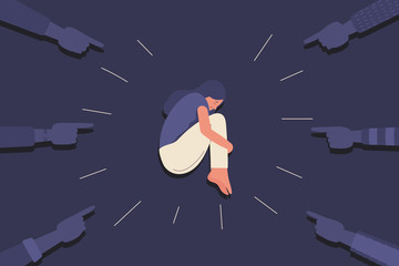 human hand aiming to sad young girl in depression lying hugging knees, sorrow, mental health concept, cartoon female character vector flat illustration