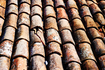 The roof is covered with old ceramic tiles. European traditions. Background texture