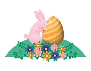 Happy easter rabbit with egg flowers and leaves vector design