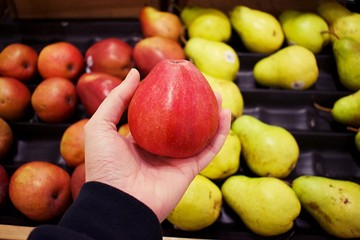 Red pear held in hand with rows of fruit on display as blurry background