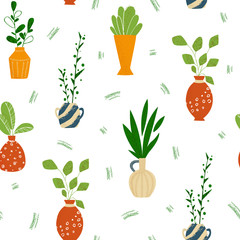 Indoor potted plants or home flowers seamless pattern on white. Vector endless texture with green different plants, leaves, ceramic pots, background potted houseplants for textile, fabric, wrapping