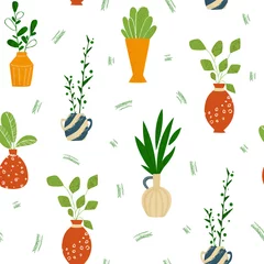 Printed roller blinds Plants in pots Indoor potted plants or home flowers seamless pattern on white. Vector endless texture with green different plants, leaves, ceramic pots, background potted houseplants for textile, fabric, wrapping