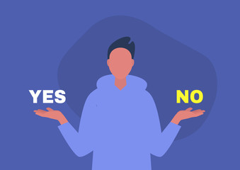 Yes or no, young male character answering a question, digital template, alternatives