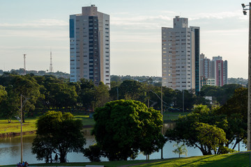 Wonderful Sunset and View of the lake in the Park of the Nations Indigenous and buildings in the...
