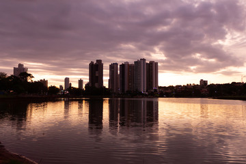 Wonderful Sunset and View of the lake in the Park of the Nations Indigenous and buildings in the background. Postcard of the MS.