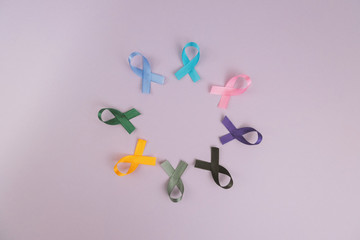 .Close up of cancer ribbons on pink background. Cancer awareness month.