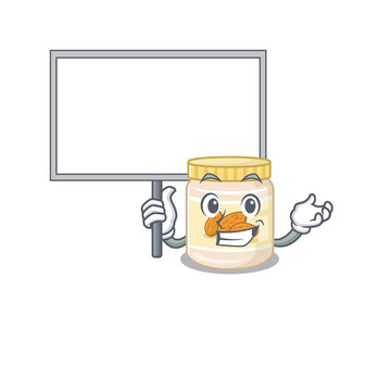 A cute picture of almond butter mascot design with a board