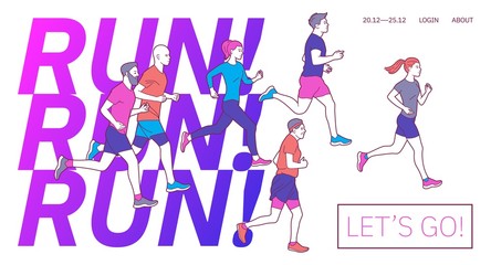 Runners group in motion. Running men and women sports background. People runner race, training to marathon, jogging and running illustration. Different gender and age marathon runners banner.