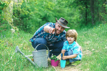 Father and son gardening. Little son helping his father to plant the tree while working together in the garden.