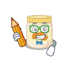 A smart Student almond butter character holding pencil
