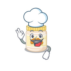 Almond butter cartoon character working as a chef and wearing white hat