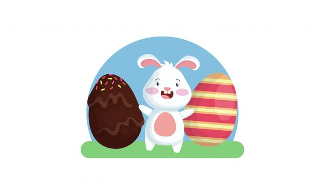 happy easter animated card with cute rabbit and eggs painted