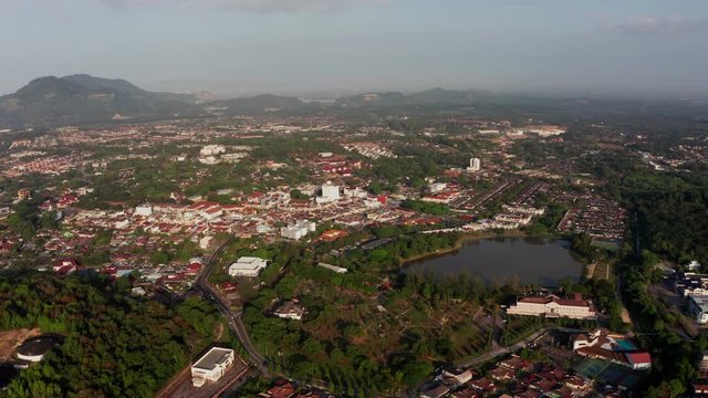 4k Aerial morning view town of Kulim, Kedah, Malaysia. The Kulim District is a district and town in the state of Kedah, Malaysia. It is located on the southeast of Kedah, bordering Penang. 