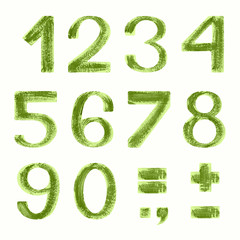 Hand painted green number on white background. Isolated on white background. Olive-green textured font. Hand-painted stock illustration.  Eco, spring, summer font. Gouache, oil or acrylic technique.