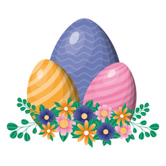 Happy easter eggs with flowers and leaves vector design