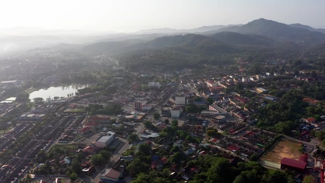4k Aerial morning view town of Kulim, Kedah, Malaysia. The Kulim District is a district and town in the state of Kedah, Malaysia. It is located on the southeast of Kedah, bordering Penang. 