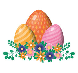 Happy easter eggs with flowers and leaves vector design