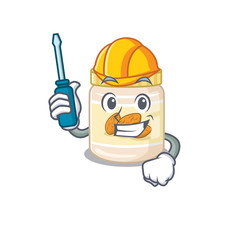 cartoon character style almond butter working as an automotive