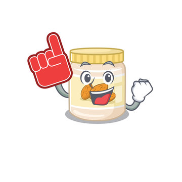 A picture of almond butter mascot cartoon design holding a Foam finger