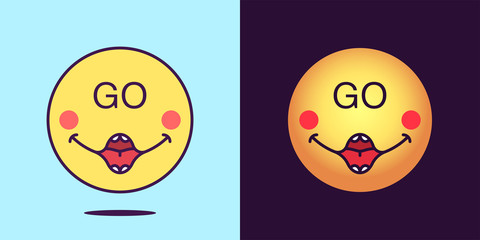 Emoji face icon with phrase Go. Emoticon with text Go. Set of cartoon faces, emotion icon for social media