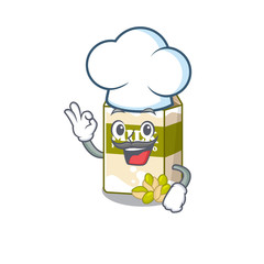 Pistachio milk cartoon character working as a chef and wearing white hat