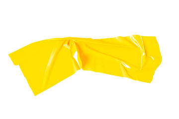 yellow tapes on white background. Torn horizontal and different size yellow sticky tape, adhesive pieces.
