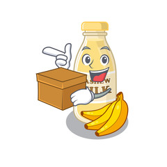 Cute cashew milk cartoon character having a box