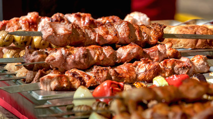 Fresh, homemade pork kebab with vegetables. Cooking on the fire. The meat on the grill.