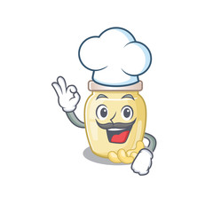 Cashew butter cartoon character working as a chef and wearing white hat