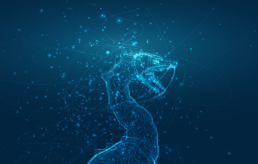 vector long dragon snake on a deep dark blue background in the style of magic glowing threads