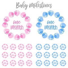 Baby milestones with baby feet and heart vector illustration